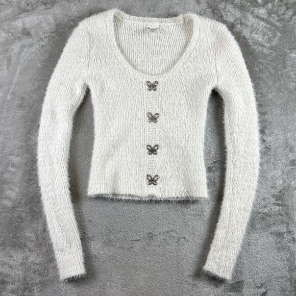 No Boundaries Sweaters - No Boundaries Fuzzy Butterfly Cardigan Womens XS White Soft Girl Y2K